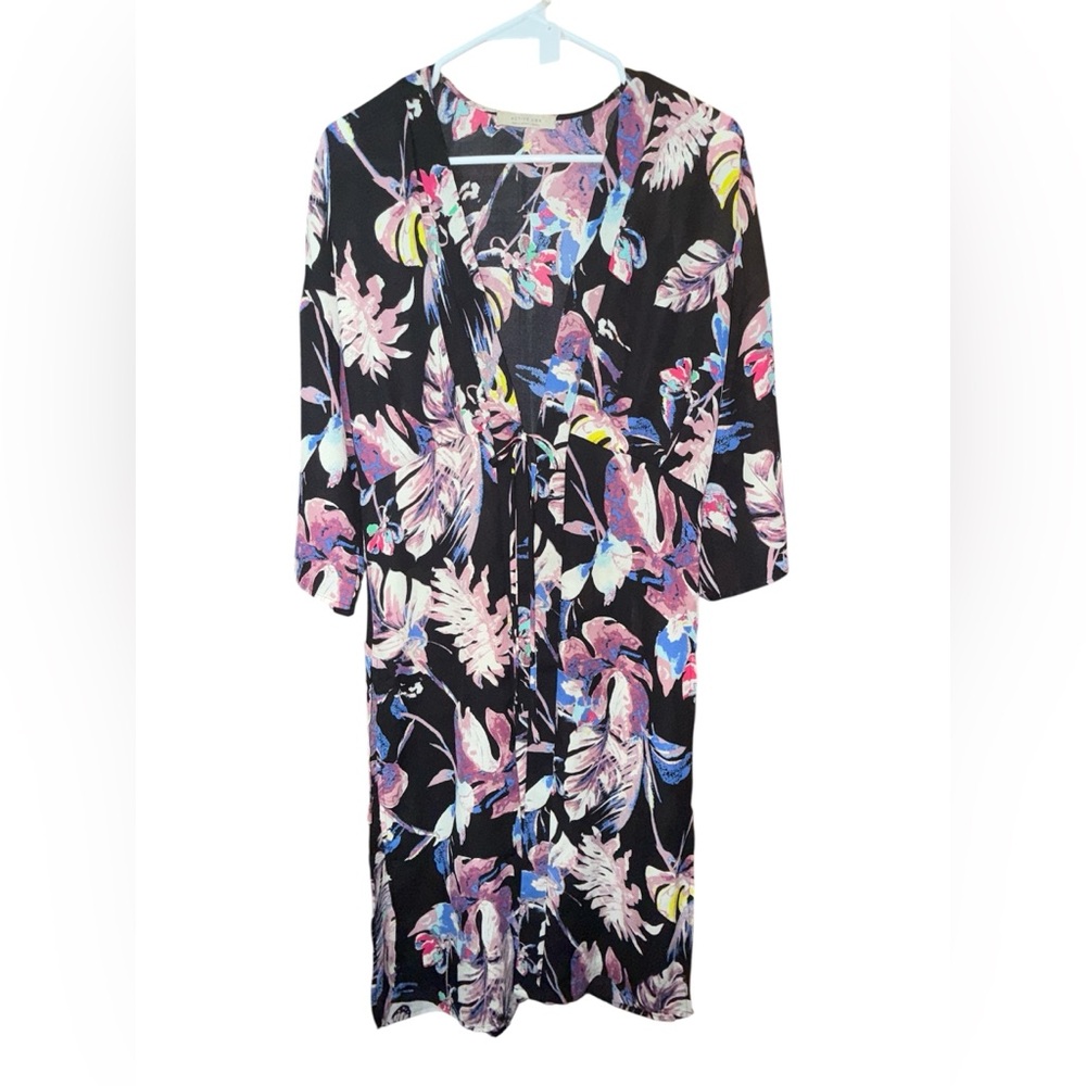 Active USA Black Floral Kimono with Tie, Size Small, NWOT